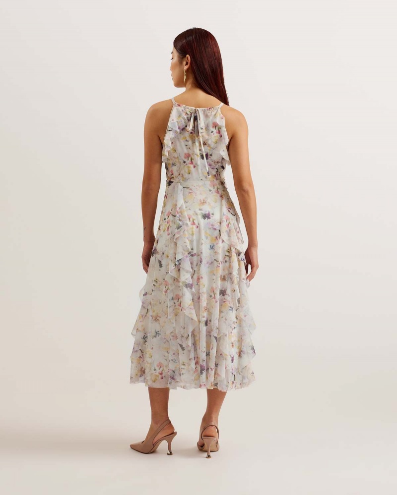 Ted Baker LAURIIN Halterneck Midi Rochie With Ruffles Albi | 374KZNFQM