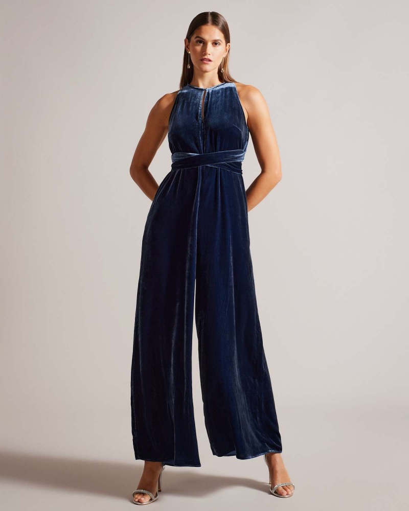 Ted Baker LIBBIEY Halterneck Jumpsuit with Wrap Bodice Bleumarin | 263WXLQJB