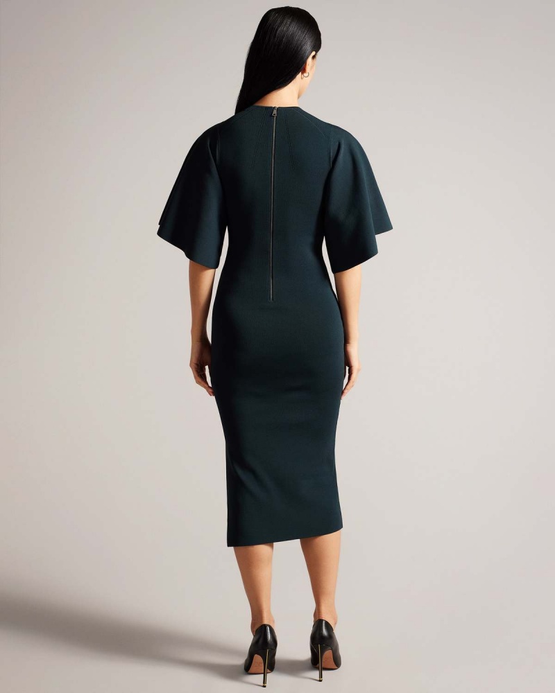 Ted Baker LOUNIA Fluted Sleeve Tricotate Bodycon Midi Rochie Verzi Inchis | 709NERZYI