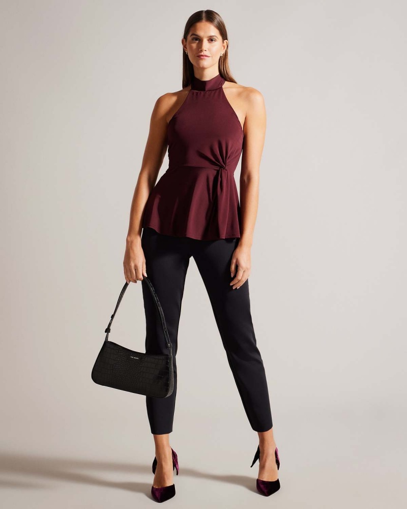 Ted Baker MALEAN Twisted Talie Halter Neck Top Wine | 634QIPSNX