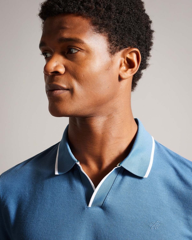 Ted Baker MASTE LS Regular Open Collar Polo Mid-blue | 365AKOTNY