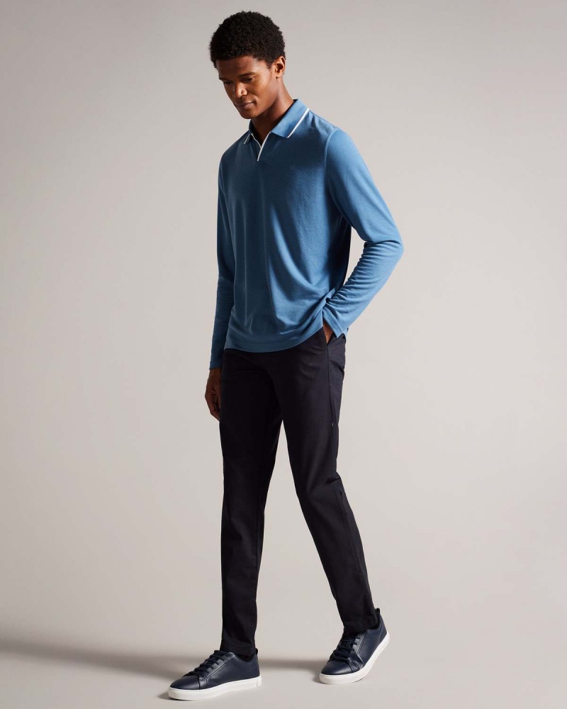 Ted Baker MASTE LS Regular Open Collar Polo Mid-blue | 365AKOTNY