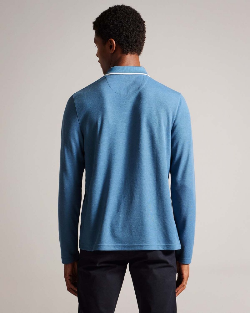 Ted Baker MASTE LS Regular Open Collar Polo Mid-blue | 365AKOTNY