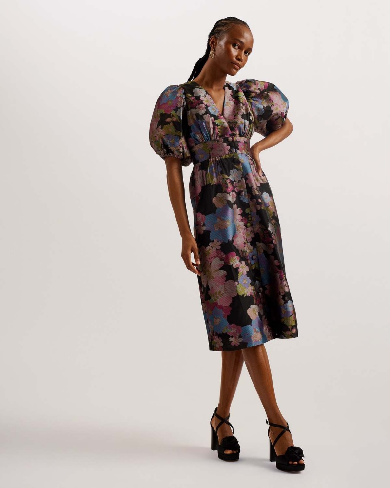 Ted Baker MATSEA Button Front Jacquard Midi Rochie Negrii | 470JRXIMP