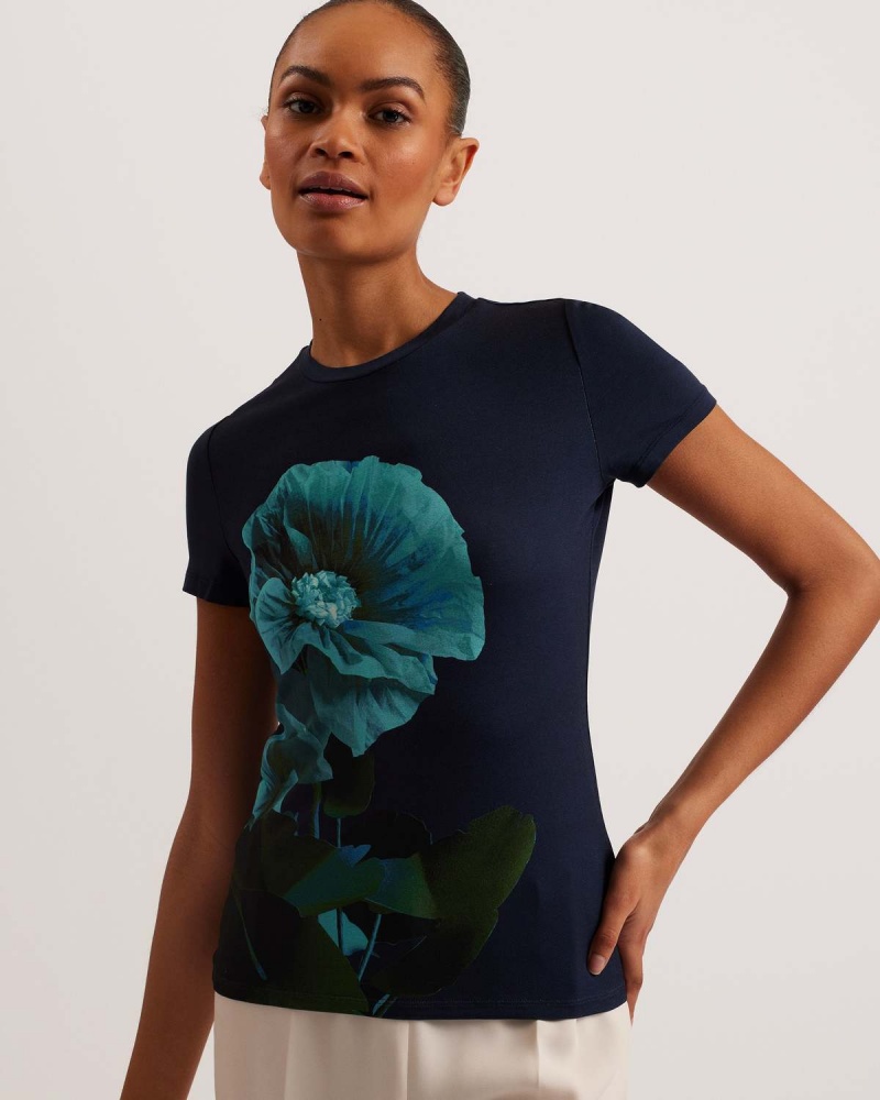 Ted Baker MERIDI Printed Fitted Tee Bleumarin | 874UKWXGV