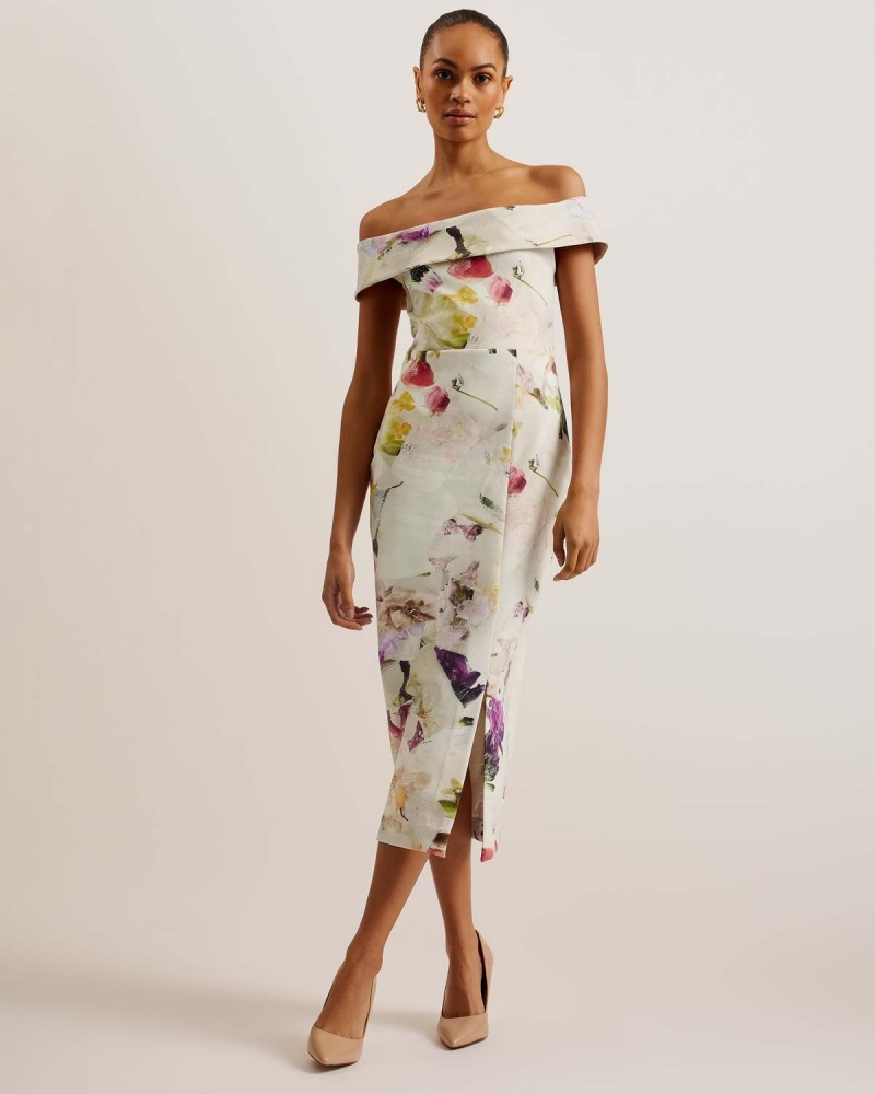 Ted Baker MERREEN Scuba Floral Midi Rochie Albi | 276PIWLBT