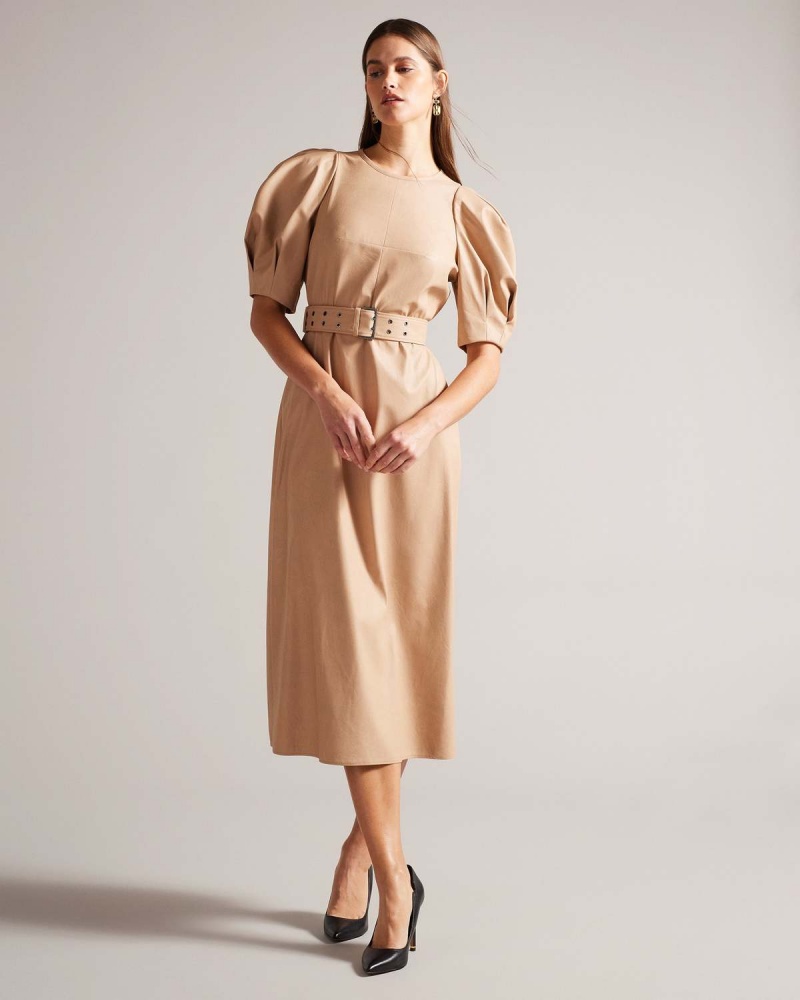 Ted Baker PALOWMA Puff Sleeve Midi Rochie With Belt Camel | 187OHNXRU