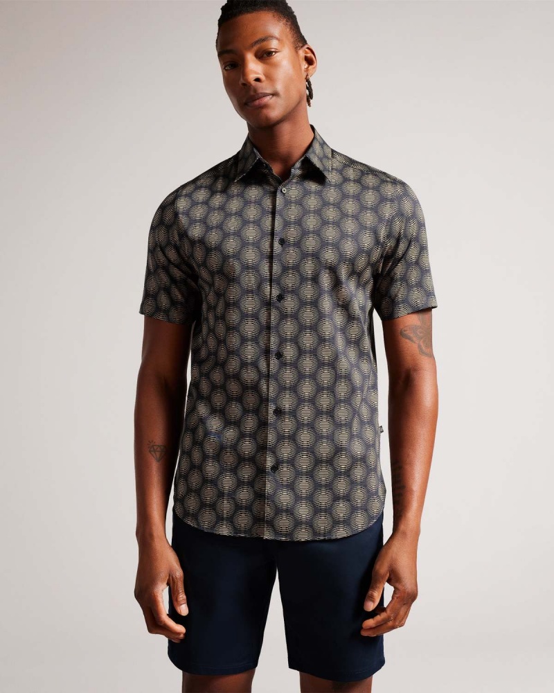 Ted Baker PEARSHO Scurte Sleeve Circle Geo Shirt Bleumarin | 759ANHWDR