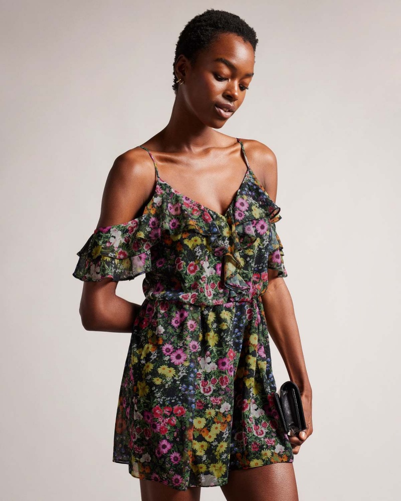 Ted Baker PRIYAHH Off The Shoulder Ruffle Playsuit Negrii | 673BWCQND