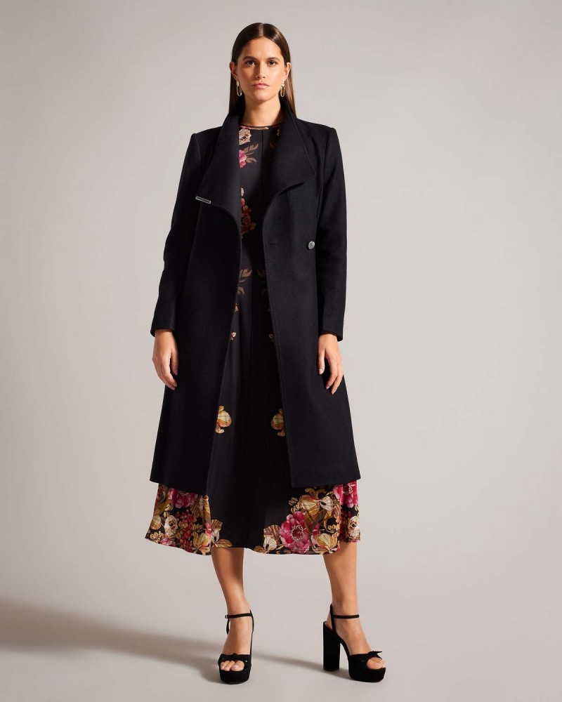 Ted Baker ROSE Midi Lână Wrap Coat with Shoulder Panels Negrii | 143CIQVPR