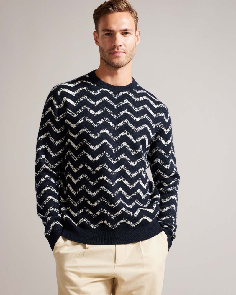 Ted Baker SESIL LS Zig Zag Jacquard Crew Neck Bleumarin | 795VYITWB