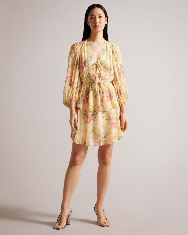 Ted Baker TAMZIIY V Neck GGT Printed Tie Front Mini Rochie Tan | 594FEOKNW