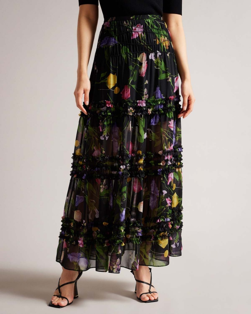 Ted Baker THIEAA Micro Ruffle Tiered Midaxi Skirt Negrii | 425SKWLUG