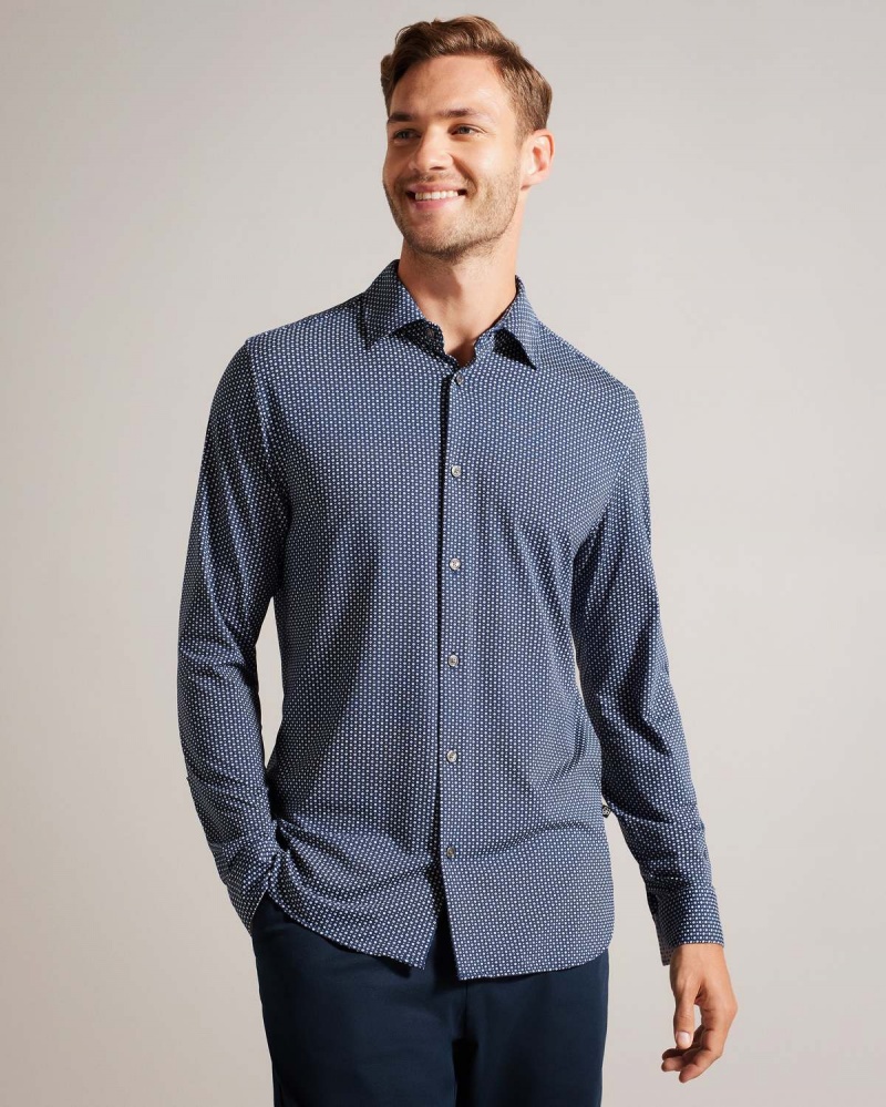 Ted Baker VELINO LS Bi Stretch Geo Shirt Bleumarin | 620TLKUAI