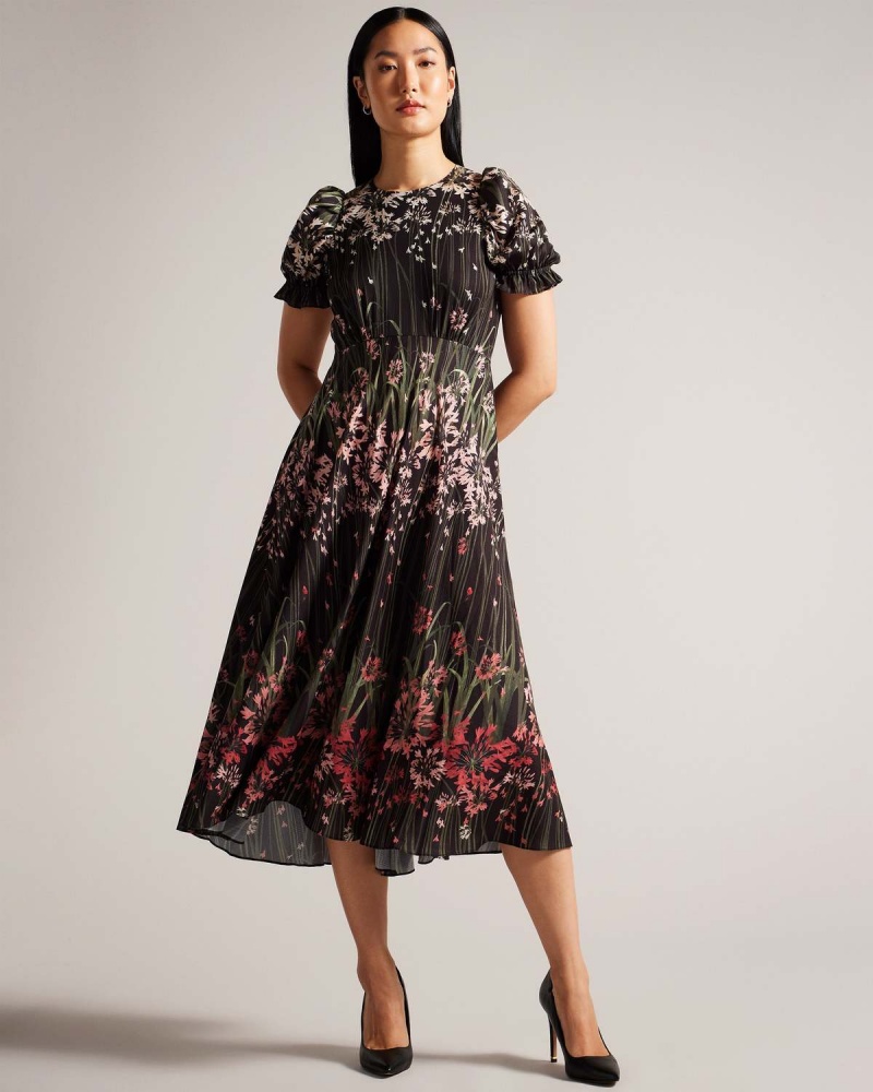 Ted Baker ZAHRRIA High Low Hem Rochie with Puff Sleeve Negrii | 873JSGIPV